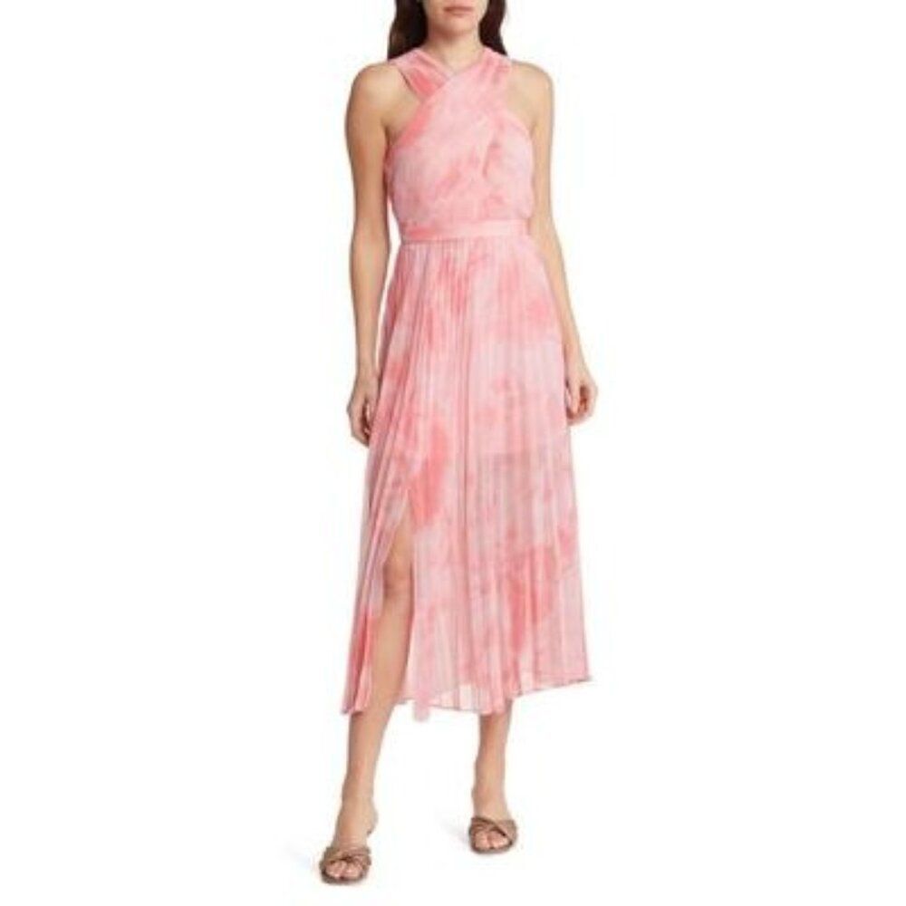 TED BAKER London “Mirelia” Coral Pink Cross-Front Pleated Midi Dress Size 0 US 2